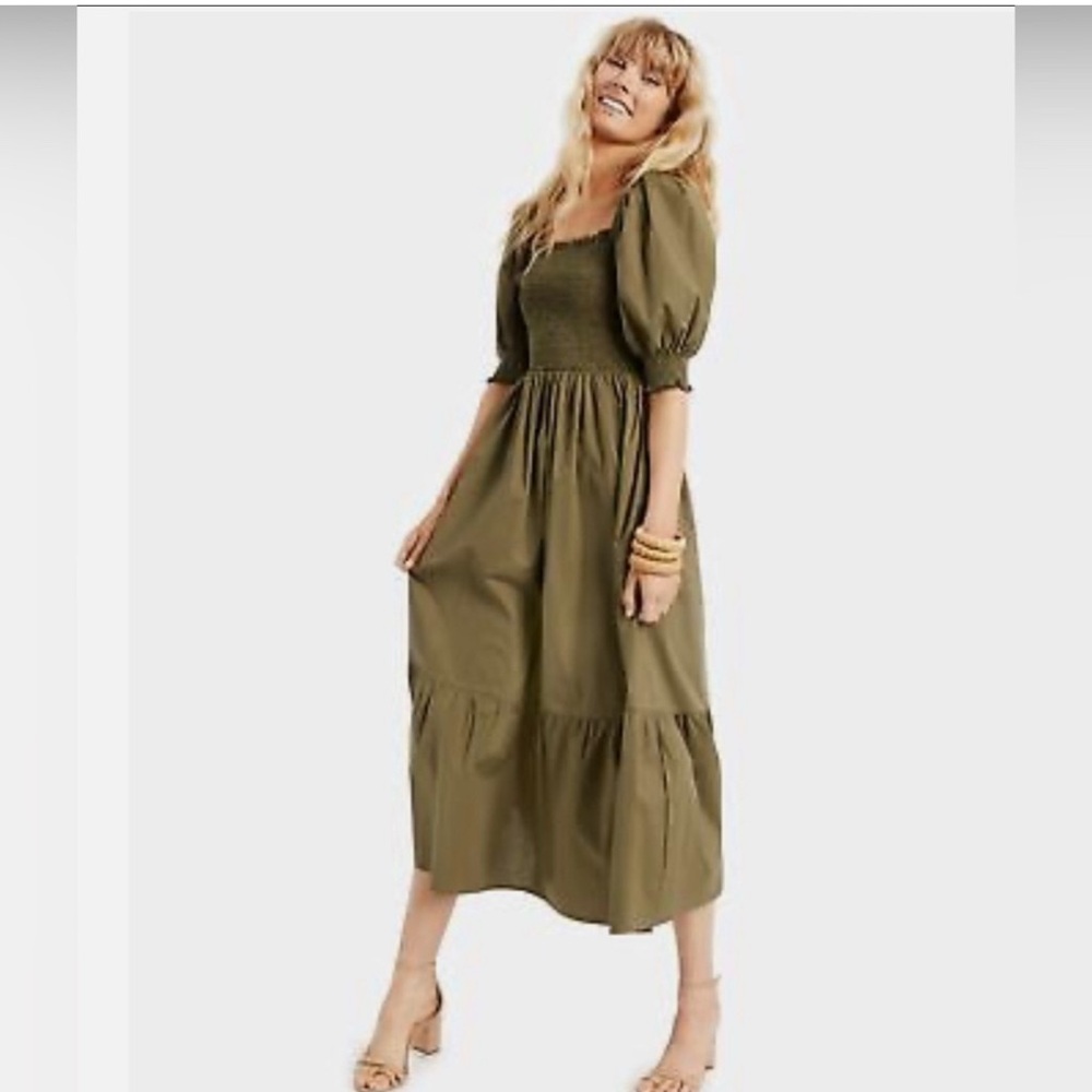 Olive Green Puff Sleeve Midi Dress